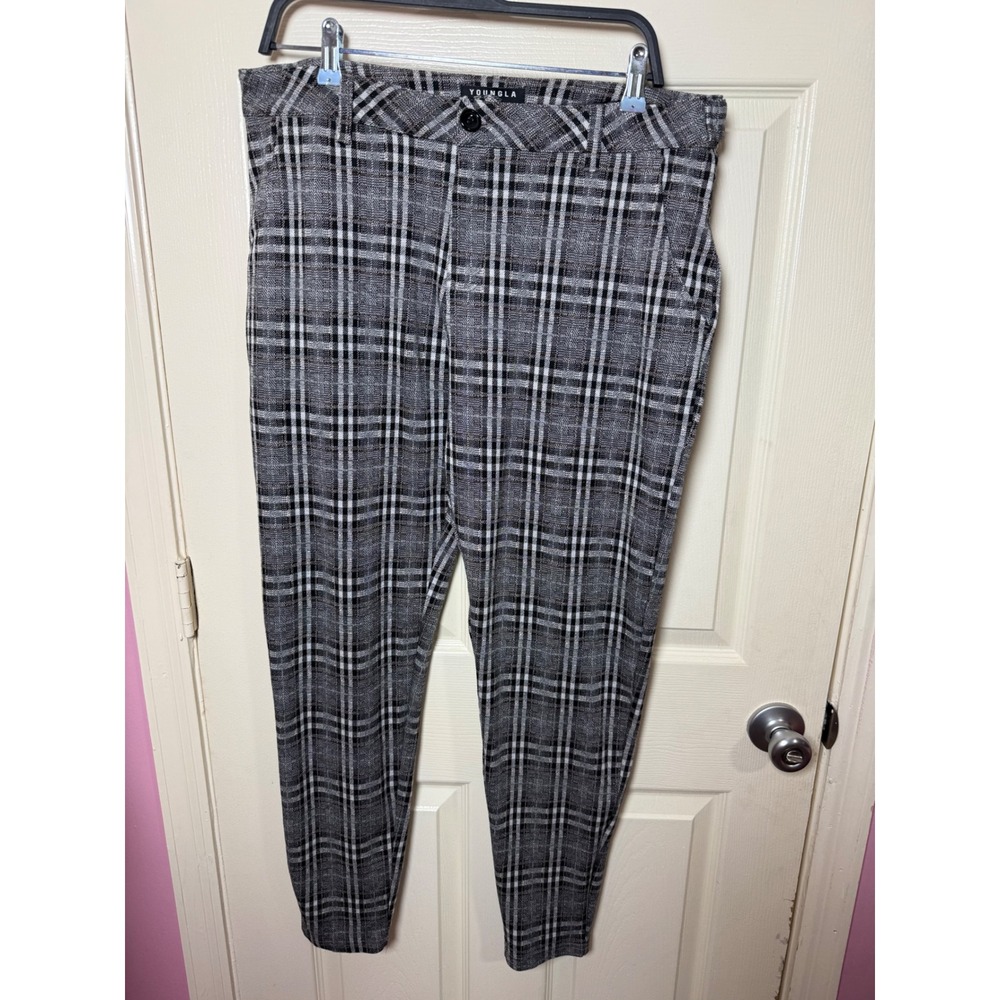 YOUNGLA 614 Plaid Trousers Grey Black White Slim Tapered Pants 36x32 YLA2259‎